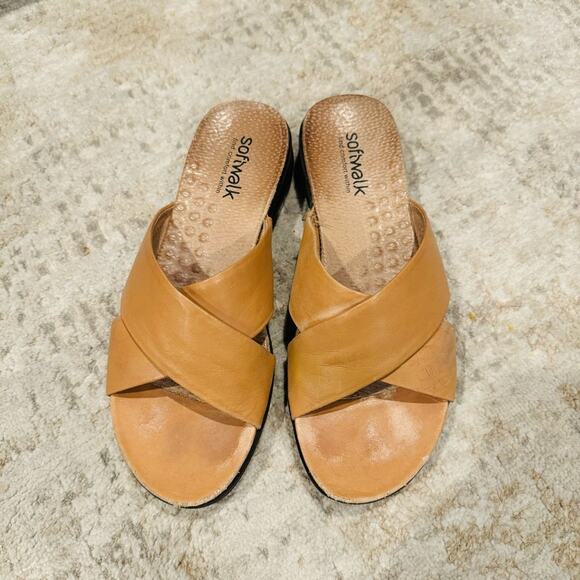SoftWalk Tillman Tan Leather Cross Strap Slide Sandals woman’s 5.5 - Picture 3 of 10